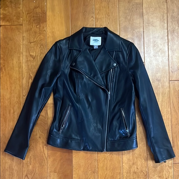Old Navy Y2K Black Faux Leather Moto Jacket Size XS Silver zip and Button detail - Picture 1 of 10
